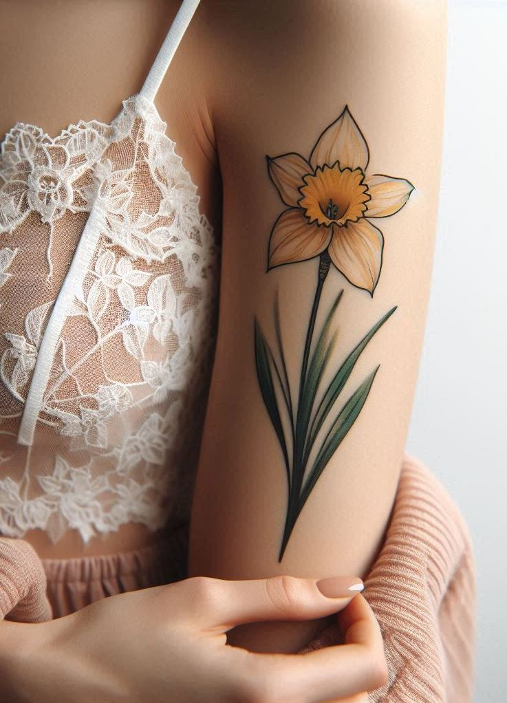 Decode Your Destiny: Meaningful Birth Flower Tattoo Ideas | Pocoko Celebrate October with a bright Daffodil tattoo. These sunny blooms symbolize new beginnings and optimism, perfect for a cheerful and meaningful design!