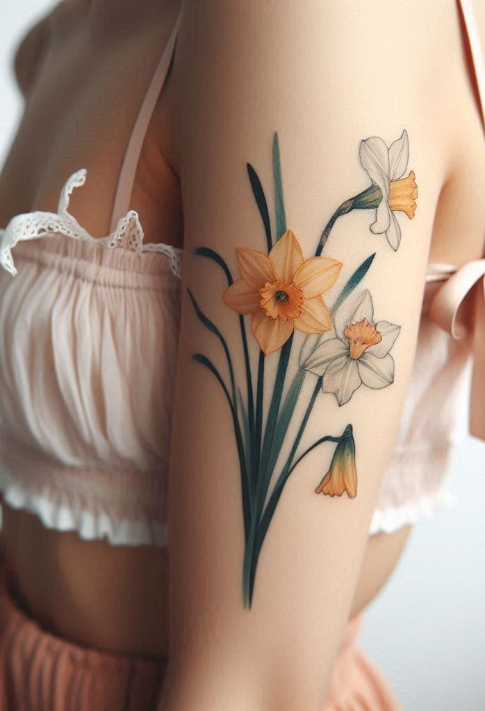 Decode Your Destiny: Meaningful Birth Flower Tattoo Ideas | Pocoko Embrace the beauty of October with a stunning Daffodil tattoo. These vibrant flowers represent hope and renewal, adding a touch of brightness to your ink!