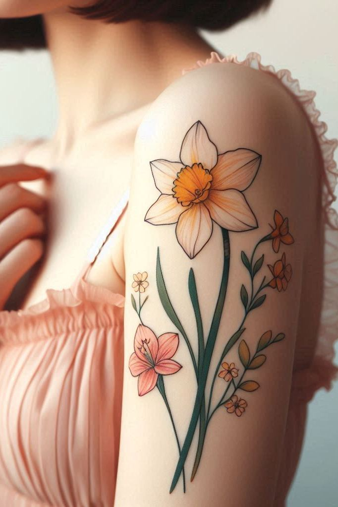 Decode Your Destiny: Meaningful Birth Flower Tattoo Ideas | Pocoko Show off your October pride with a Daffodil tattoo. These lovely blooms capture the essence of spring and bring a sense of joy and positivity to your body art!
