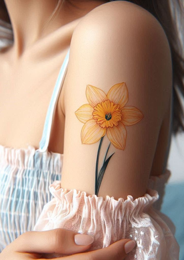 Decode Your Destiny: Meaningful Birth Flower Tattoo Ideas | Pocoko Adorn yourself with the elegance of an October Daffodil tattoo. These charming flowers symbolize fresh starts and happiness, making for a beautiful and uplifting design!