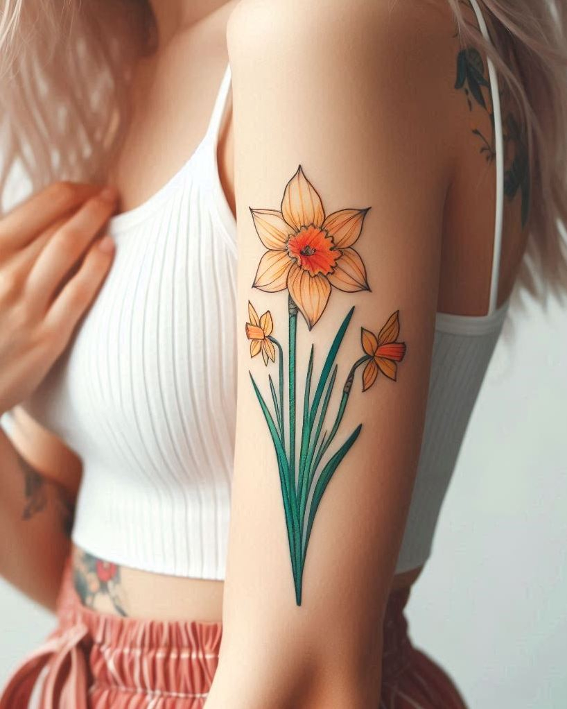 Decode Your Destiny: Meaningful Birth Flower Tattoo Ideas | Pocoko Celebrate the spirit of October with a vibrant Daffodil tattoo. These cheerful flowers symbolize rebirth and resilience, making for a radiant and inspiring design!