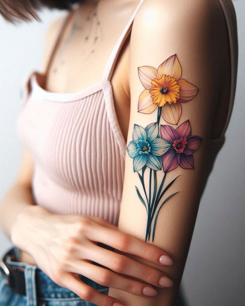 Decode Your Destiny: Meaningful Birth Flower Tattoo Ideas | Pocoko Embrace October's charm with a stunning Daffodil tattoo. These bright blooms represent renewal and positivity, adding a touch of elegance and joy to your ink!