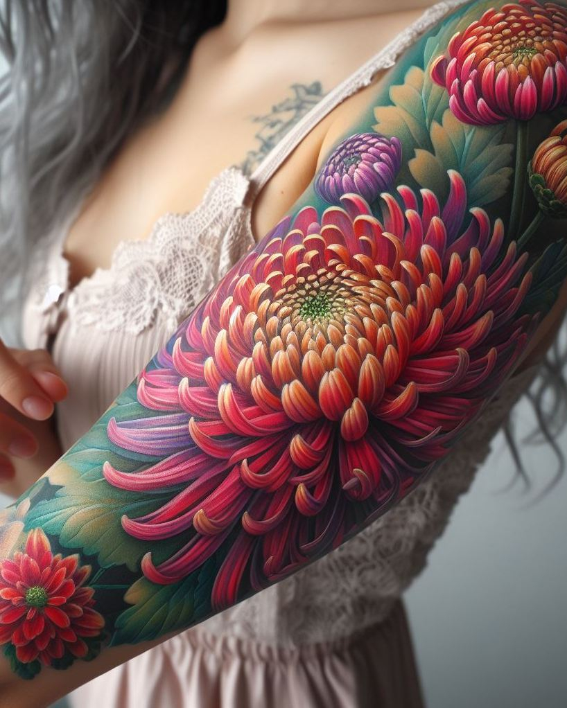 Decode Your Destiny: Meaningful Birth Flower Tattoo Ideas | Pocoko Embrace the beauty of November with a Chrysanthemum tattoo. These bold flowers represent love and abundance, perfect for a meaningful and beautiful design!