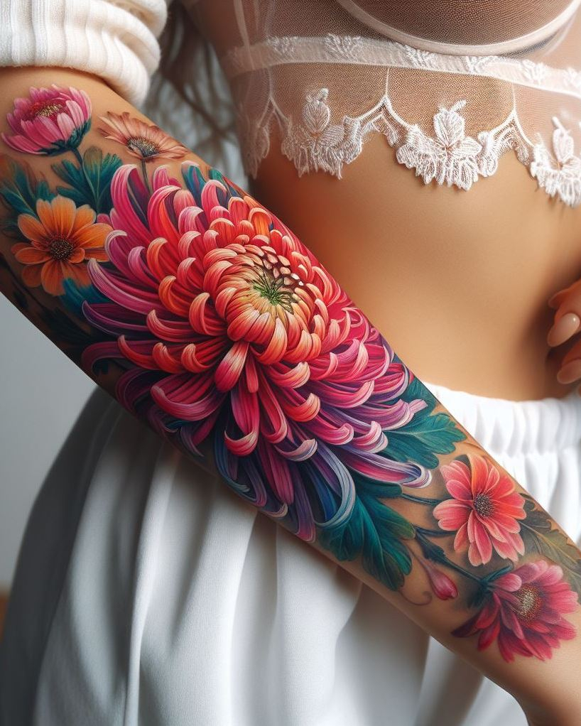 Decode Your Destiny: Meaningful Birth Flower Tattoo Ideas | Pocoko Show off your November spirit with a Chrysanthemum tattoo. Known for their rich symbolism and striking beauty, these flowers make a captivating statement!