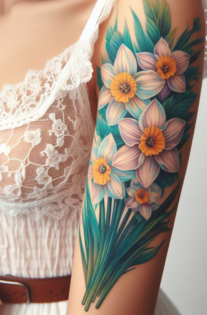 Decode Your Destiny: Meaningful Birth Flower Tattoo Ideas | Pocoko Celebrate December with a beautiful Narcissus bouquet tattoo. These elegant flowers symbolize hope and new beginnings, perfect for a meaningful and graceful design!