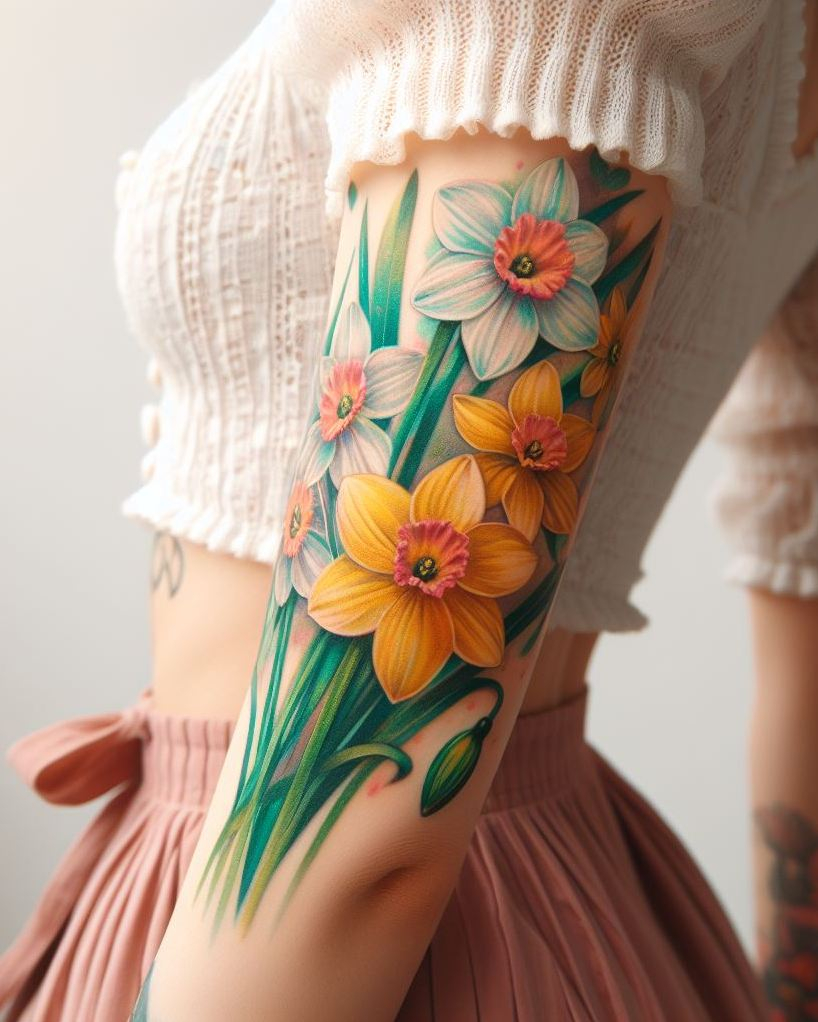 Decode Your Destiny: Meaningful Birth Flower Tattoo Ideas | Pocoko Adorn yourself with a Narcissus bouquet tattoo this December. These charming blooms capture the essence of winter beauty and add a touch of sophistication to your ink.