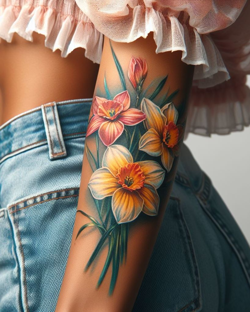 Decode Your Destiny: Meaningful Birth Flower Tattoo Ideas | Pocoko Embrace the spirit of December with a stunning Narcissus bouquet tattoo. These lovely flowers represent renewal and good fortune, making them an enchanting choice for your body art.