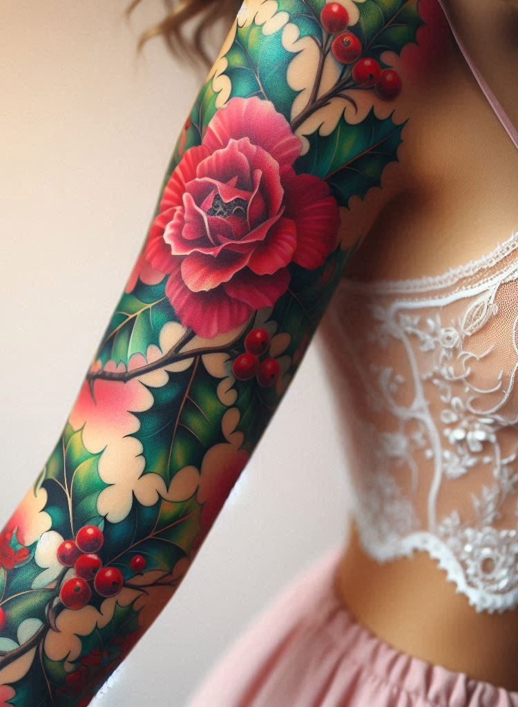 Decode Your Destiny: Meaningful Birth Flower Tattoo Ideas | Pocoko Celebrate December with a festive Holly wreath tattoo. These vibrant leaves and berries symbolize joy and protection, adding a touch of holiday cheer to your ink!