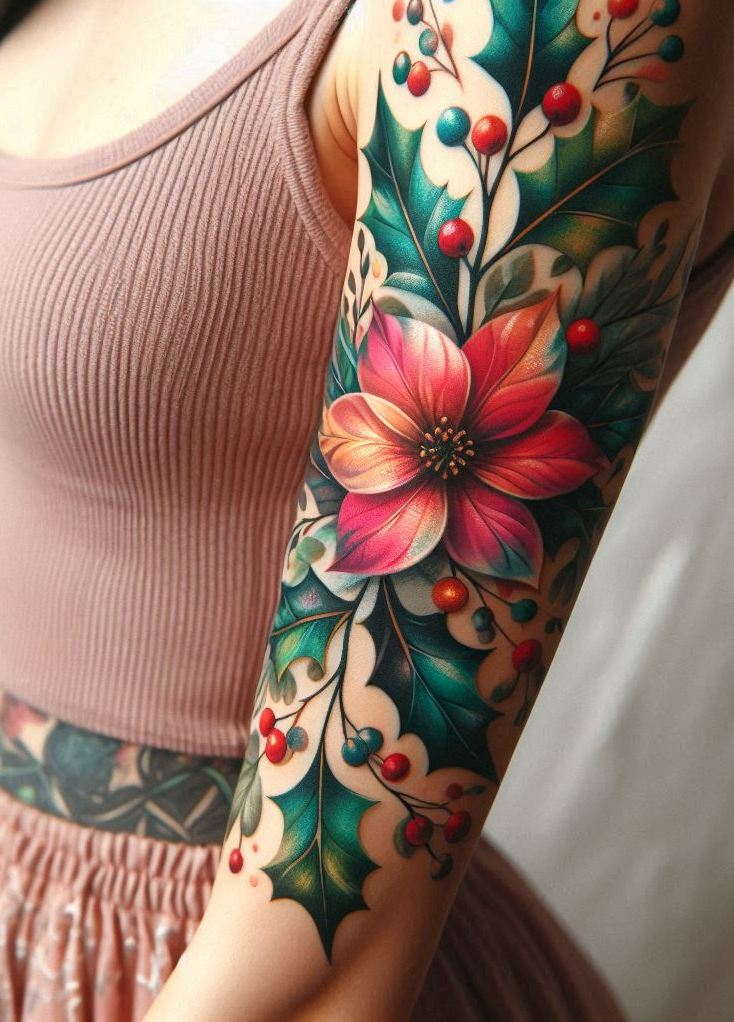 Decode Your Destiny: Meaningful Birth Flower Tattoo Ideas | Pocoko Embrace the spirit of December with a Holly wreath tattoo. Perfect for those who love the festive season, this design brings warmth and tradition to your body art.
