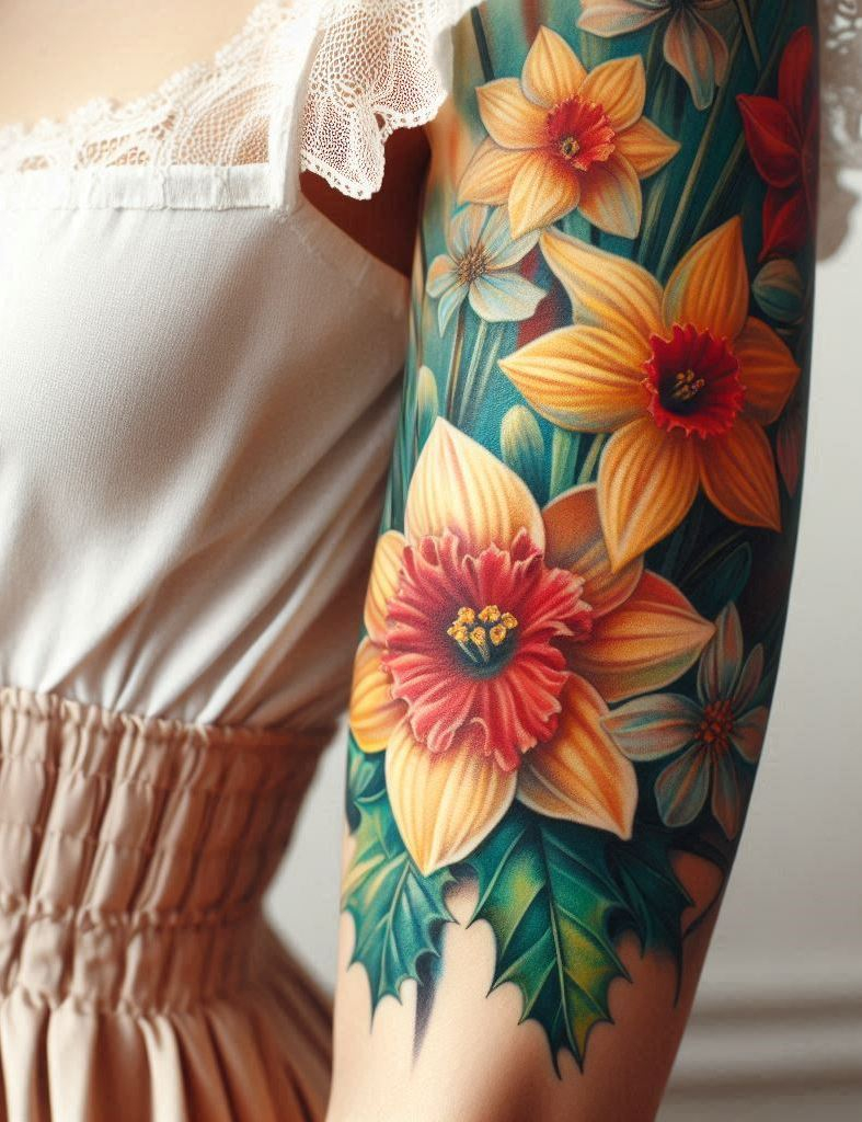 Decode Your Destiny: Meaningful Birth Flower Tattoo Ideas | Pocoko Celebrate December with a beautiful mix of Narcissus and Holly tattoos. This festive combination captures the essence of winter elegance and holiday cheer, making for a truly enchanting design!