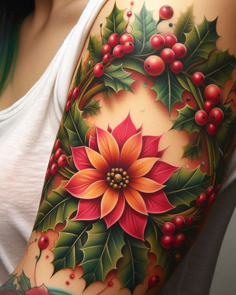 Decode Your Destiny: Meaningful Birth Flower Tattoo Ideas | Pocoko Show off your December pride with a beautiful Holly wreath tattoo. This charming design captures the essence of the holidays, making it a delightful and meaningful choice!