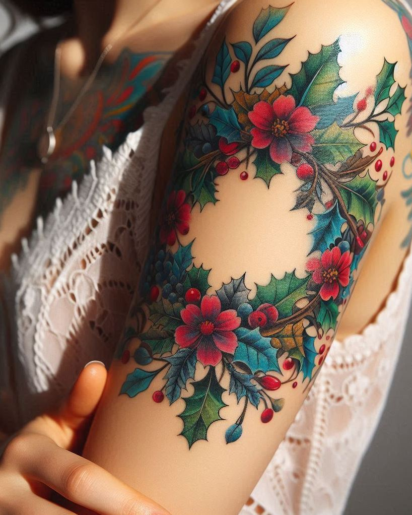 Decode Your Destiny: Meaningful Birth Flower Tattoo Ideas | Pocoko Adorn yourself with the elegance of a December Holly wreath tattoo. These festive greens and reds add a touch of seasonal magic and beauty to your ink!