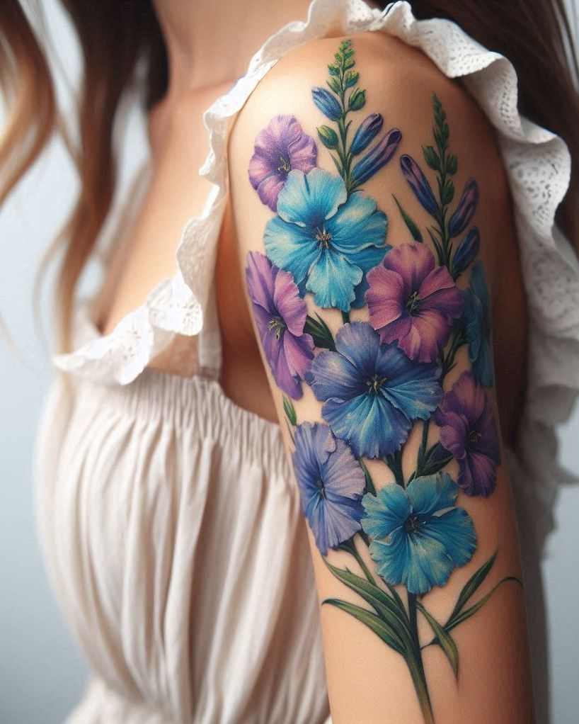 Decode Your Destiny: Meaningful Birth Flower Tattoo Ideas | Pocoko Celebrate July in style with a stunning Larkspur cluster tattoo. Perfectly delicate and bursting with symbolism, these flowers are the ultimate ink for summer babies!