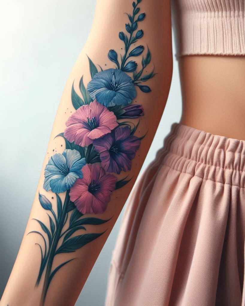 Decode Your Destiny: Meaningful Birth Flower Tattoo Ideas | Pocoko Embrace your birth month with a Larkspur cluster tattoo. These July blooms are not just beautiful; they're a vibrant statement of grace and charm.
