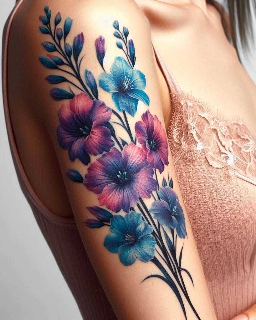 Decode Your Destiny: Meaningful Birth Flower Tattoo Ideas | Pocoko July's birth flower, the Larkspur, makes for a gorgeous cluster tattoo. These elegant blooms capture the essence of summer and your unique spirit.