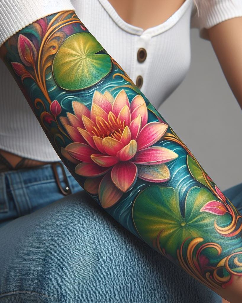 Decode Your Destiny: Meaningful Birth Flower Tattoo Ideas | Pocoko Capture the essence of July with a stunning Water Lily Pad tattoo. These delicate flowers add a touch of calm and beauty to your body art.