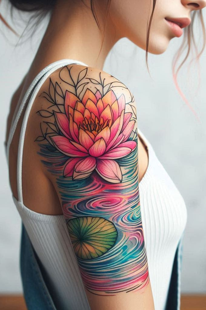Decode Your Destiny: Meaningful Birth Flower Tattoo Ideas | Pocoko Embrace the elegance of July with a Water Lily and ripples tattoo. This design symbolizes peace and the gentle flow of life.