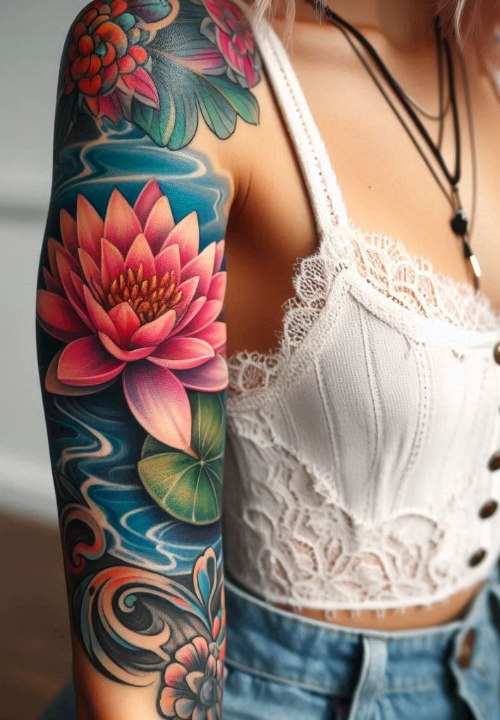 Decode Your Destiny: Meaningful Birth Flower Tattoo Ideas | Pocoko Dive into the calm with a Water Lily and ripples tattoo for July. Perfect for those who love a touch of nature's serenity on their skin.