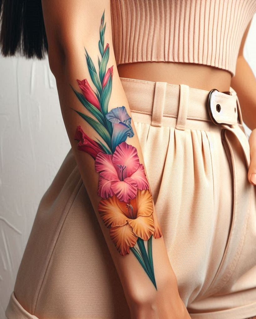 Decode Your Destiny: Meaningful Birth Flower Tattoo Ideas | Pocoko Celebrate your August birthday with a Gladiolus stem tattoo. Known for their bold beauty and symbolism, Gladiolus flowers make a striking statement piece!