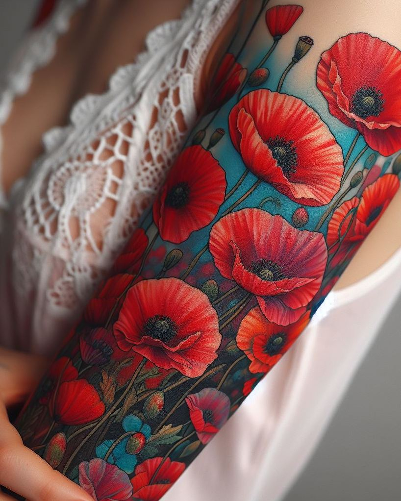 Decode Your Destiny: Meaningful Birth Flower Tattoo Ideas | Pocoko Celebrate August with a vibrant poppy field tattoo. These bold blooms symbolize beauty and resilience, making them a perfect choice for a striking and meaningful design!