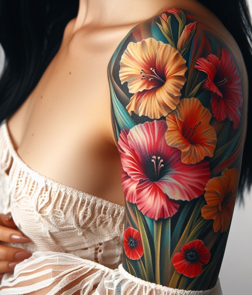 Decode Your Destiny: Meaningful Birth Flower Tattoo Ideas | Pocoko Celebrate August with a stunning mix of Gladiolus and Poppy tattoos. This bold combination symbolizes strength and beauty, making for a truly captivating design!