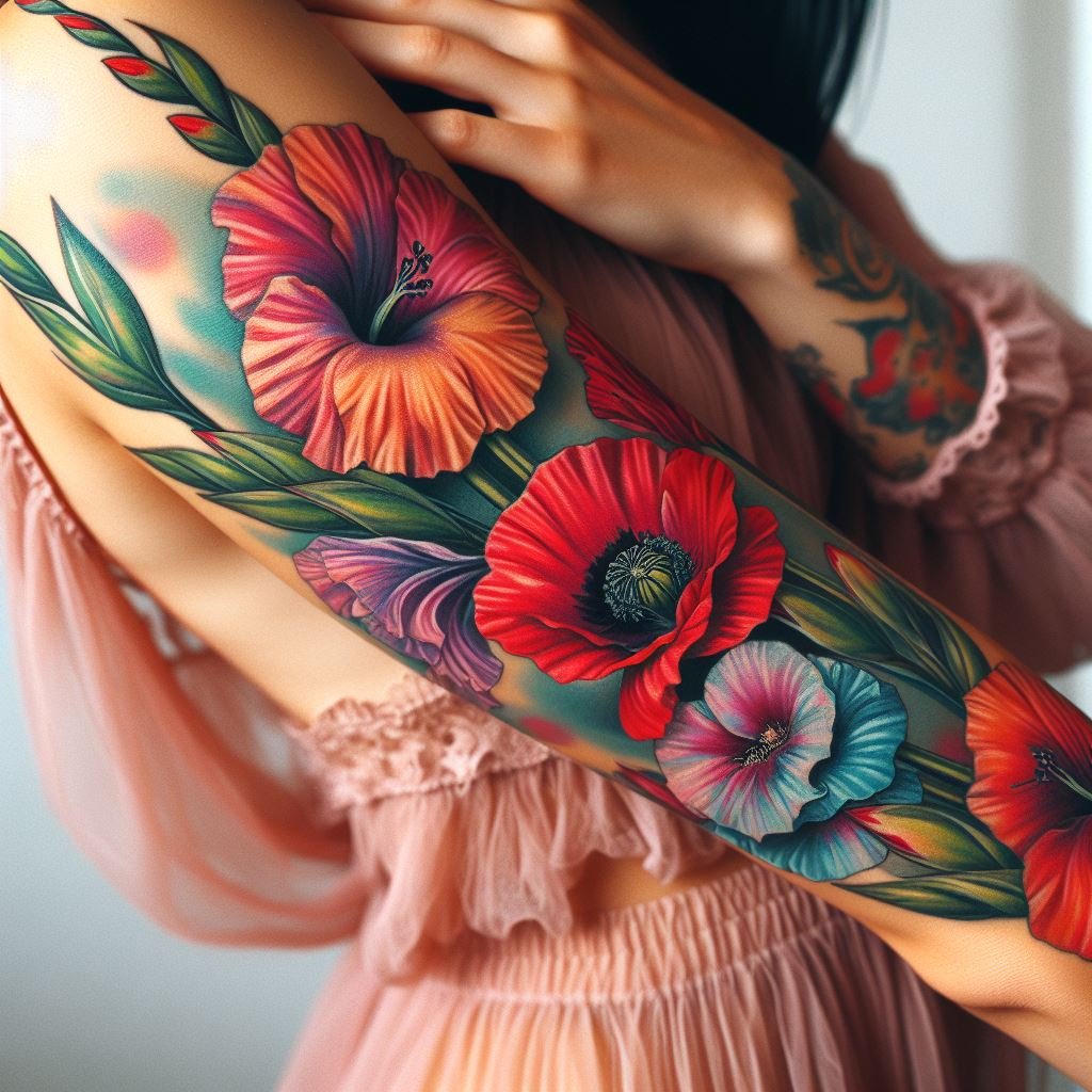 Decode Your Destiny: Meaningful Birth Flower Tattoo Ideas | Pocoko Embrace the best of August with a Gladiolus and Poppy mix tattoo. These flowers together create a vibrant, eye-catching piece that's full of elegance and resilience!