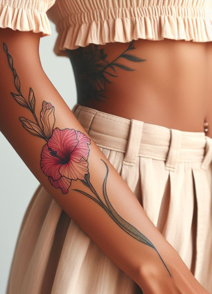 Decode Your Destiny: Meaningful Birth Flower Tattoo Ideas | Pocoko Embrace simplicity with a minimalist Gladiolus tattoo this August. These elegant lines capture the essence of strength and beauty in the most understated way!
