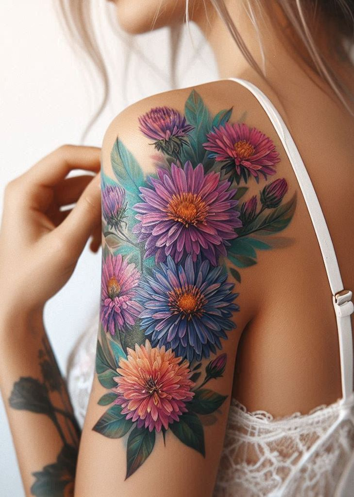 Decode Your Destiny: Meaningful Birth Flower Tattoo Ideas | Pocoko Celebrate September with a stunning Aster bouquet tattoo. These vibrant blooms symbolize love and wisdom, making for a beautiful and meaningful design!