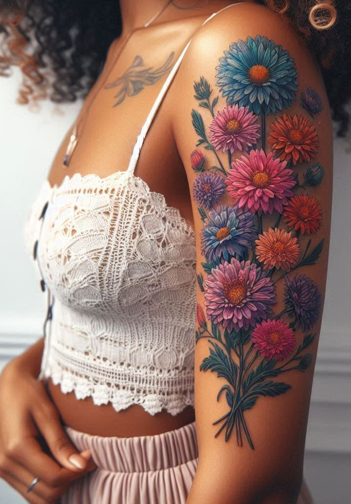 Decode Your Destiny: Meaningful Birth Flower Tattoo Ideas | Pocoko Embrace the elegance of September with an Aster bouquet tattoo. Perfect for adding a touch of grace and beauty to your ink collection!