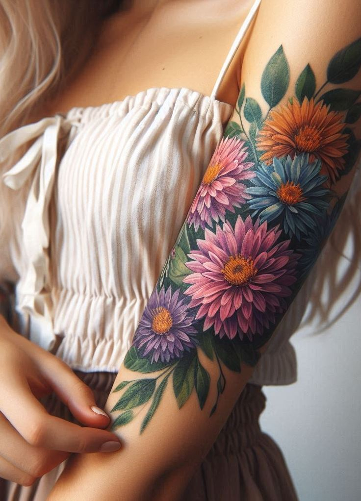 Decode Your Destiny: Meaningful Birth Flower Tattoo Ideas | Pocoko Adorn yourself with the timeless beauty of September's Aster bouquet tattoo. It's a lovely way to celebrate your birth month and its rich symbolism!