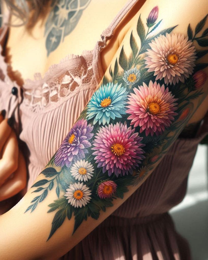 Decode Your Destiny: Meaningful Birth Flower Tattoo Ideas | Pocoko Let your ink bloom with a beautiful Aster bouquet tattoo this September. These flowers symbolize love and wisdom, making them a perfect choice for your next tattoo!