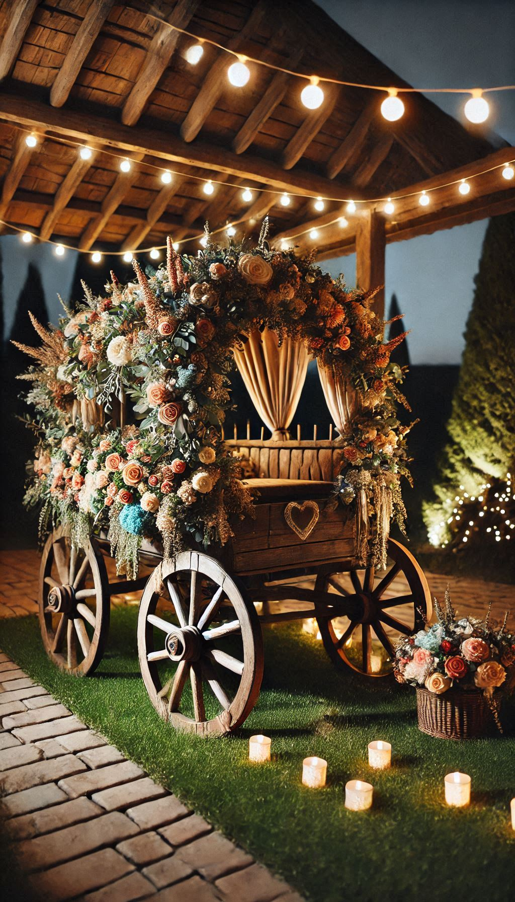 Transform your ring bearer’s journey into a charming spectacle with a flower-covered wagon. Rustic elegance at its finest! Rustic Wedding Decor