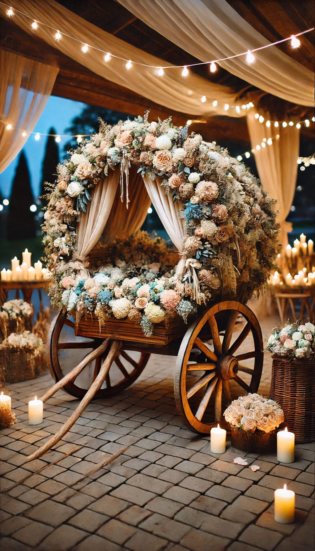 This flower-covered wagon is a must-have for your rustic wedding decor. A charming way to showcase your ring bearer!