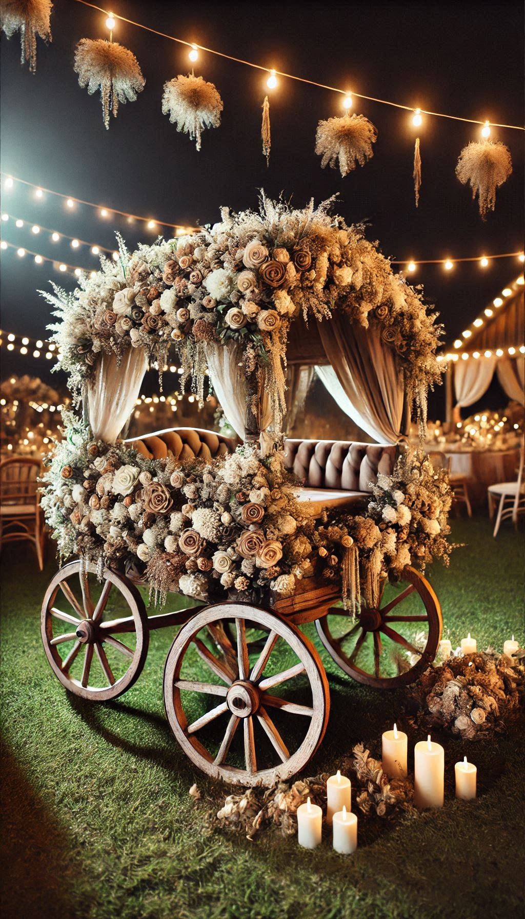 Let your ring bearer steal the show in a flower-covered wagon. Rustic elegance meets blooming beauty in this delightful setup!