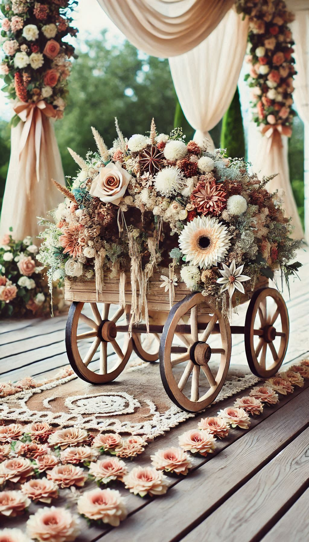 Say ‘I do’ to this adorable flower-covered wagon for your ring bearer. A touch of rustic charm that’s sure to steal the show!
