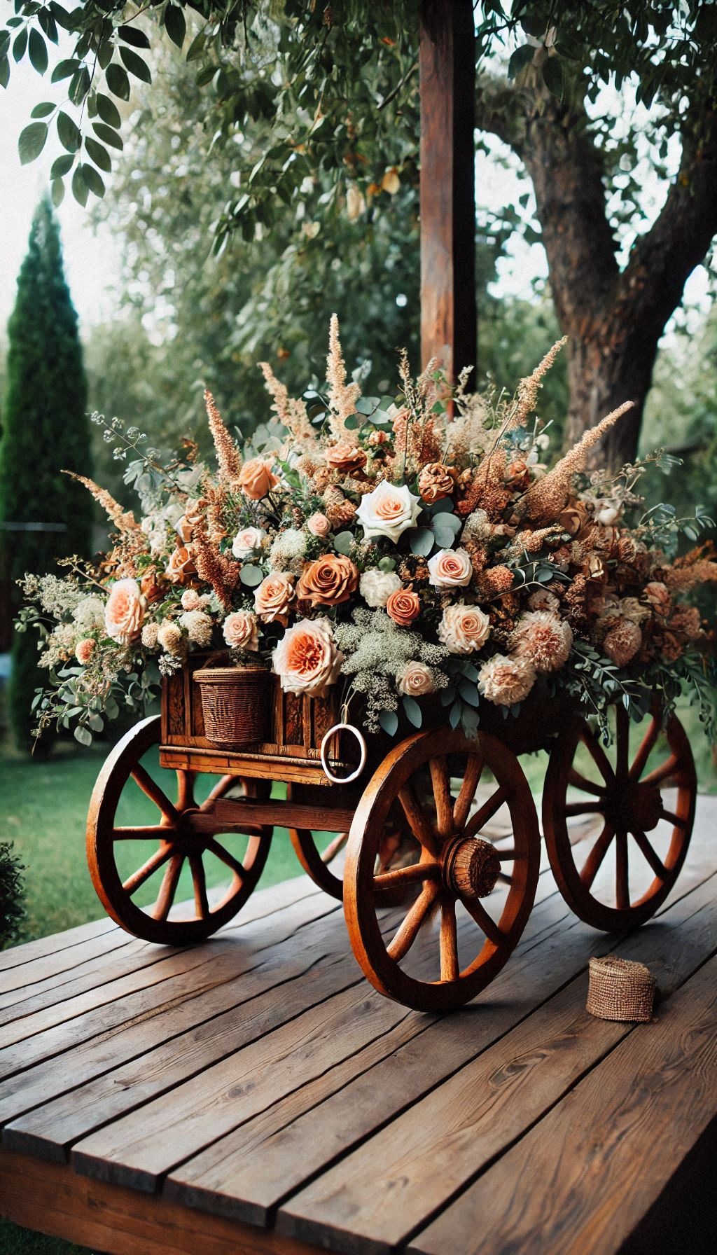 Make your rustic wedding extra special with a flower-covered wagon for the ring bearer. It’s a floral fantasy on wheels!