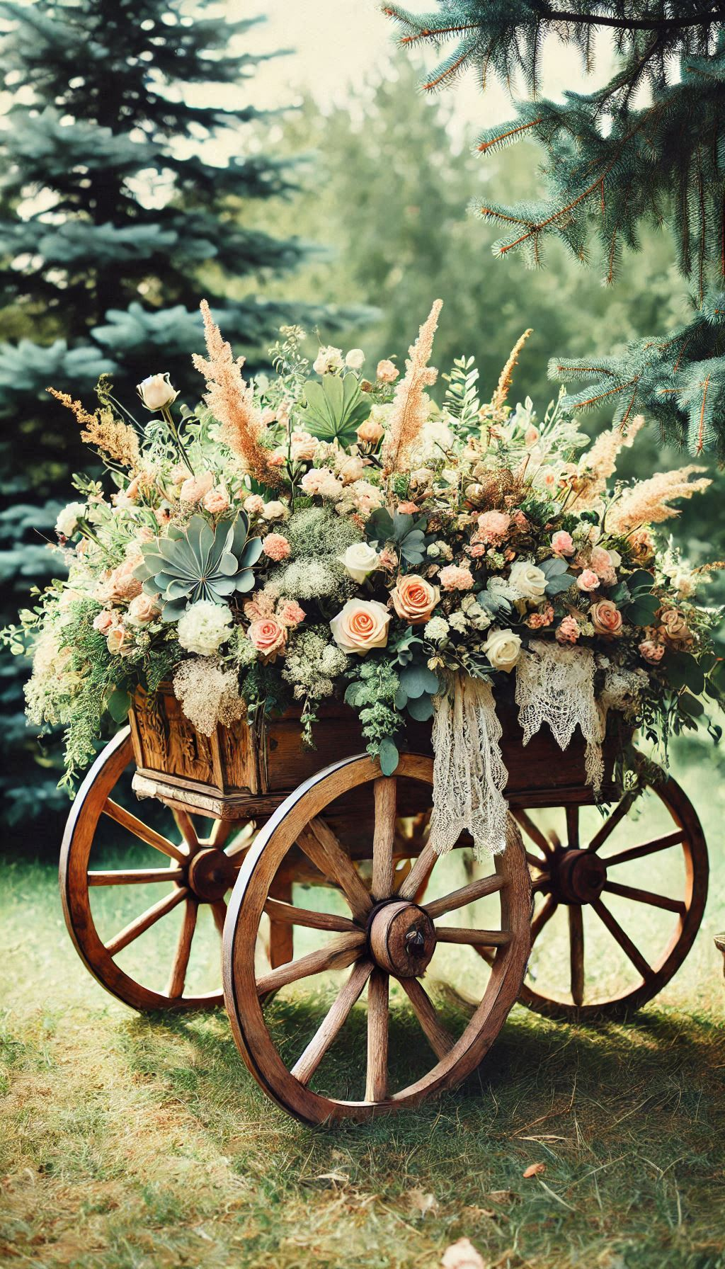 This flower-covered wagon is perfect for your ring bearer. Add a touch of rustic elegance to your wedding decor!