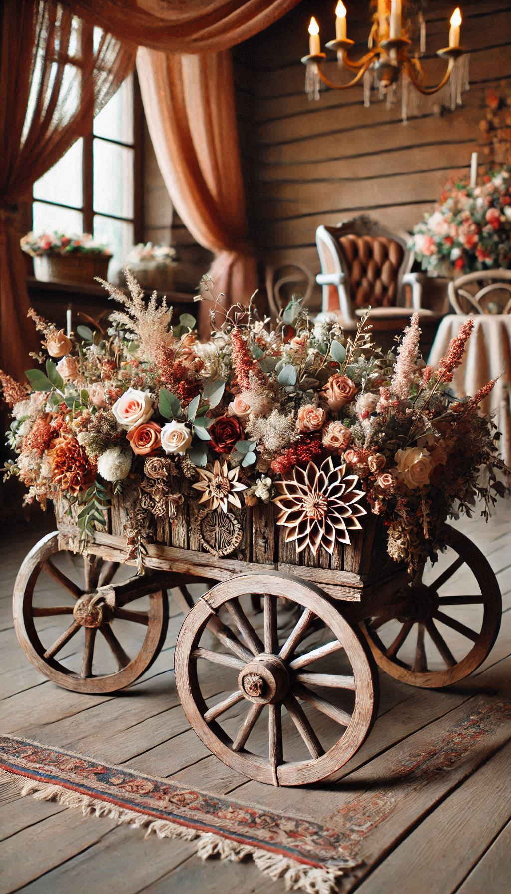 Elevate your rustic wedding decor with a flower-covered wagon for the ring bearer. It’s a blooming beautiful addition!