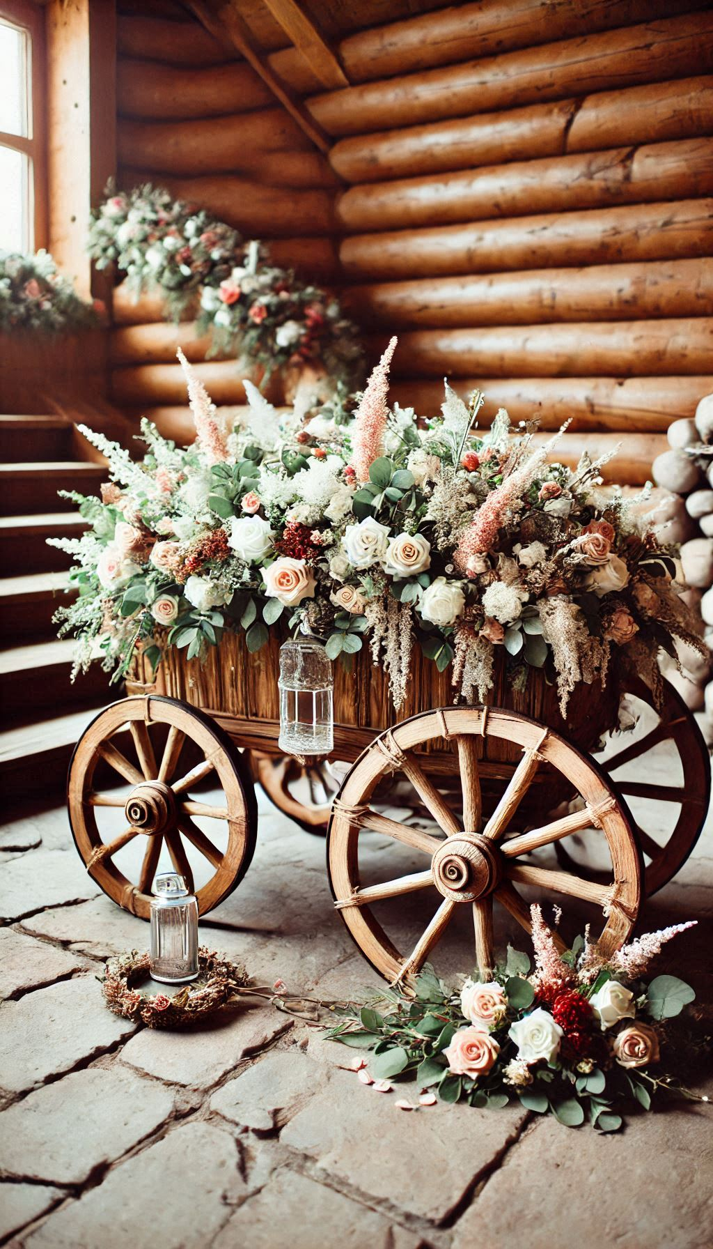 Let your ring bearer roll in style with a flower-covered wagon. Rustic charm meets floral elegance in this adorable setup!