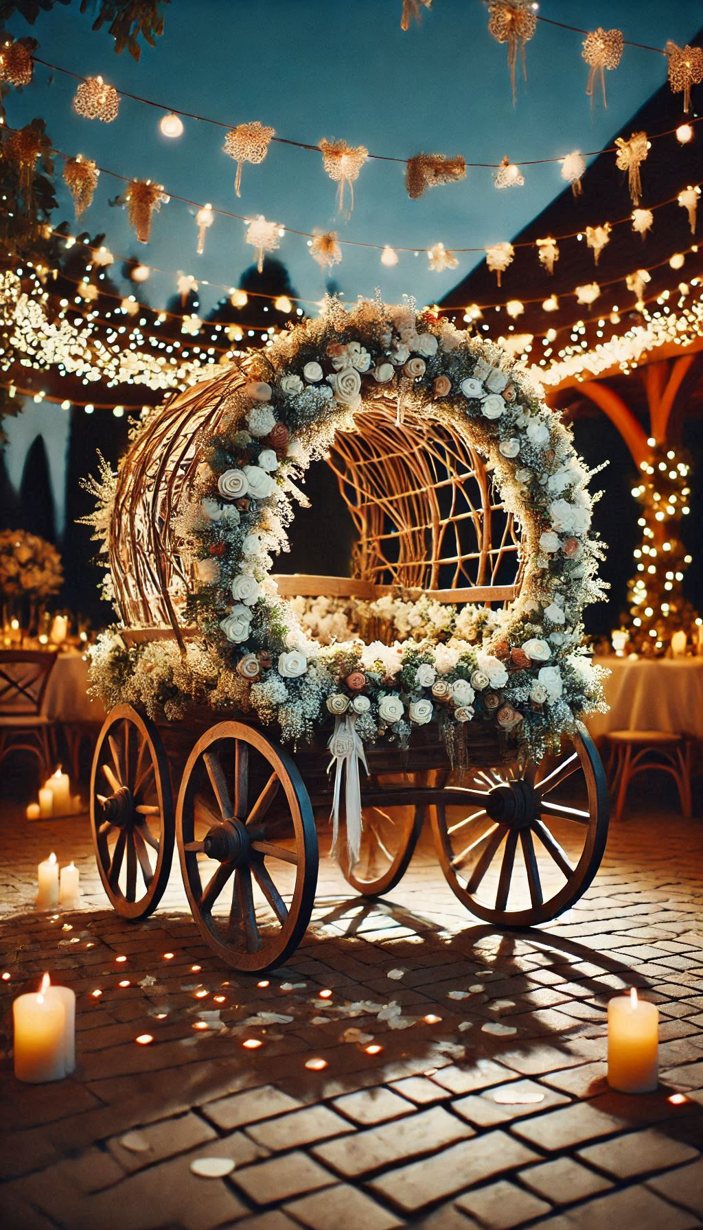 Rustic Wedding Decor: A flower-covered wagon for your ring bearer adds a whimsical touch to your rustic wedding decor. Simply enchanting!