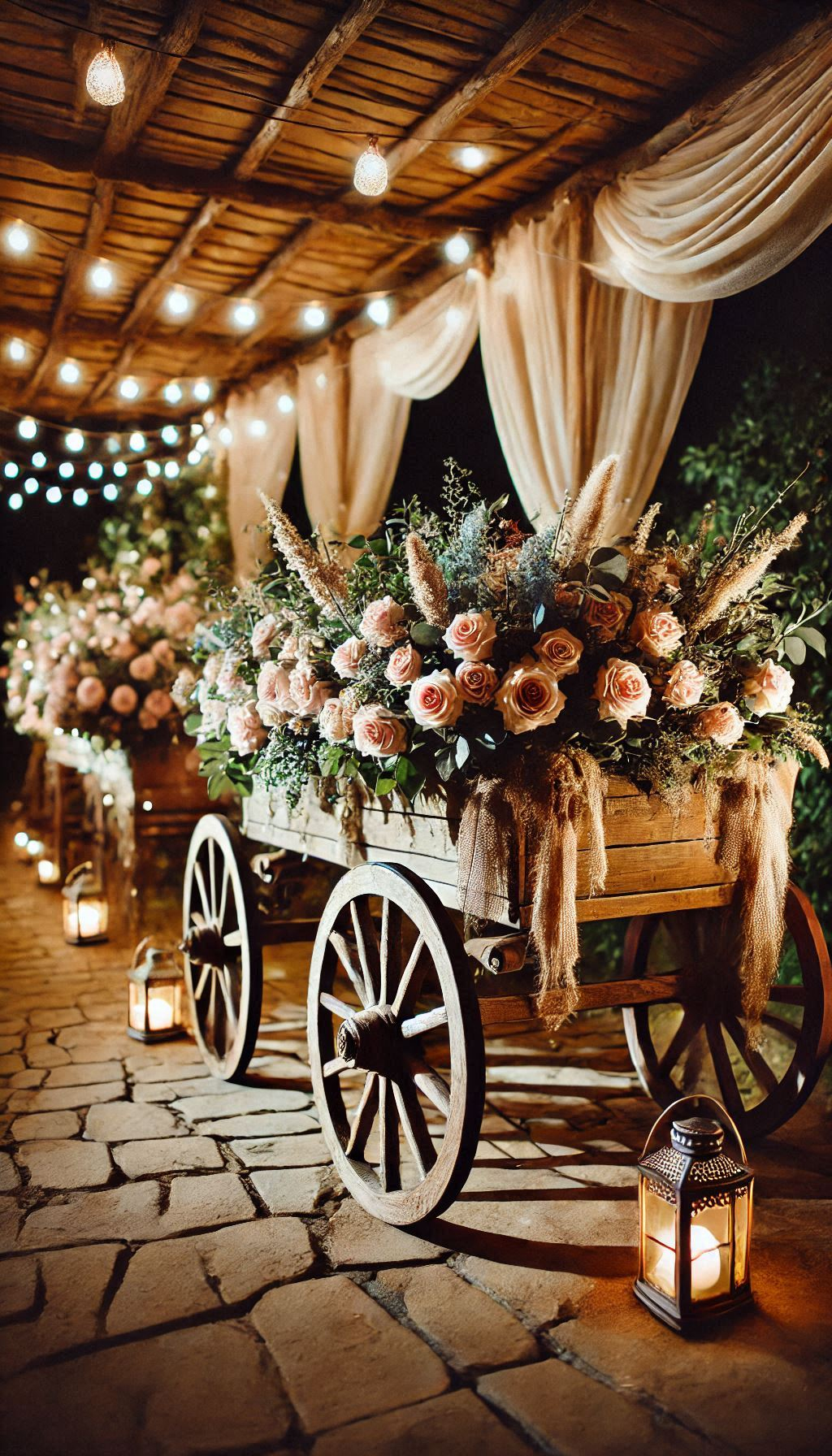 Make your ring bearer’s grand entrance unforgettable with a flower-covered wagon. A perfect blend of rustic and floral beauty! Rustic Wedding Decor