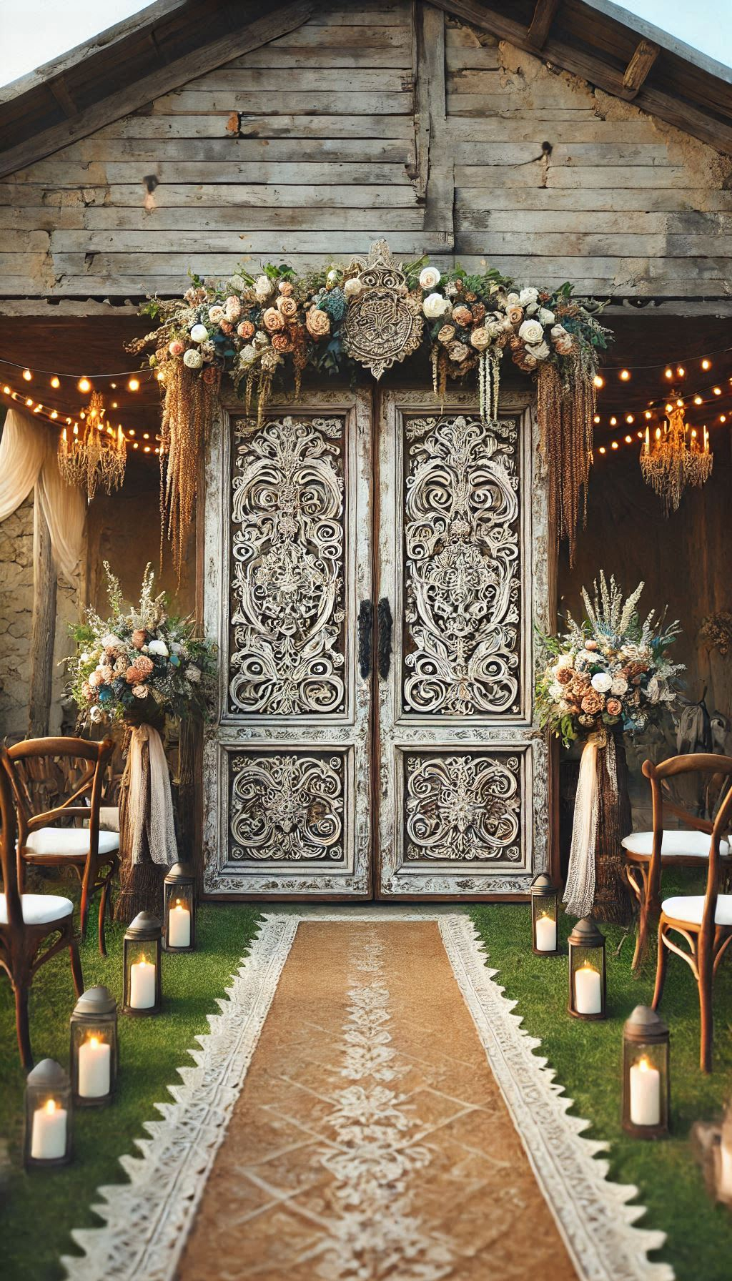 Transform your wedding with antique doors as a ceremony backdrop. Rustic charm meets timeless elegance for a perfect union.