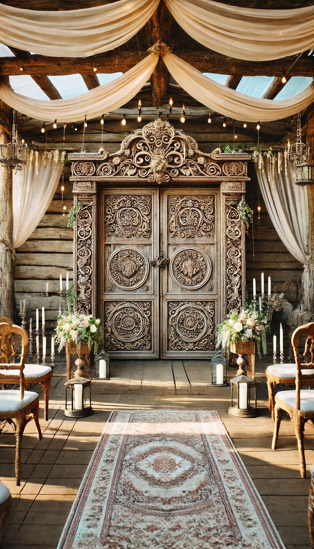 Celebrate your love in front of antique doors. This rustic wedding decor idea is as unique as your love story. Rustic Wedding Decor