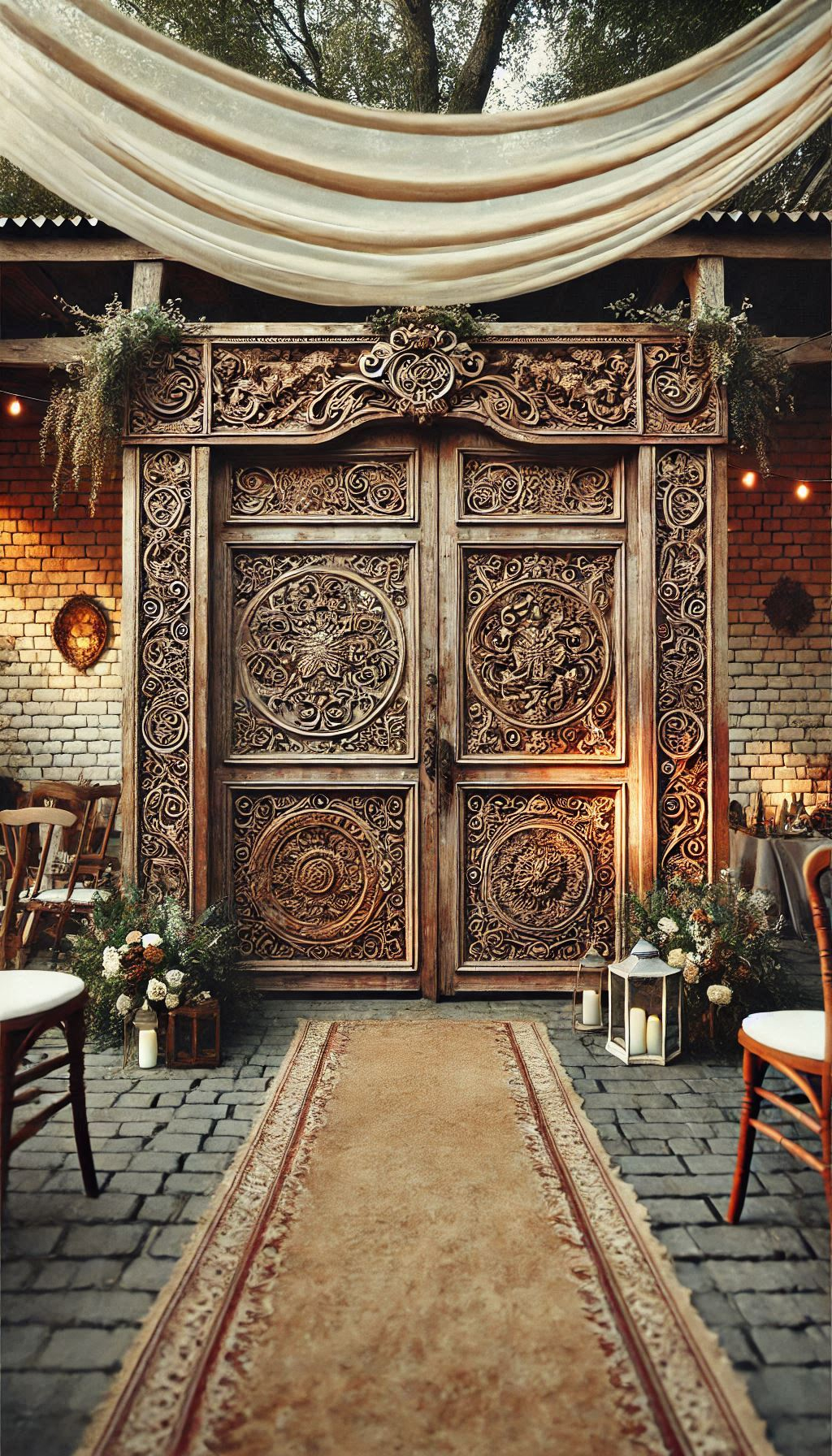 Antique doors make a stunning ceremony backdrop. Rustic elegance that sets the perfect tone for your big day.