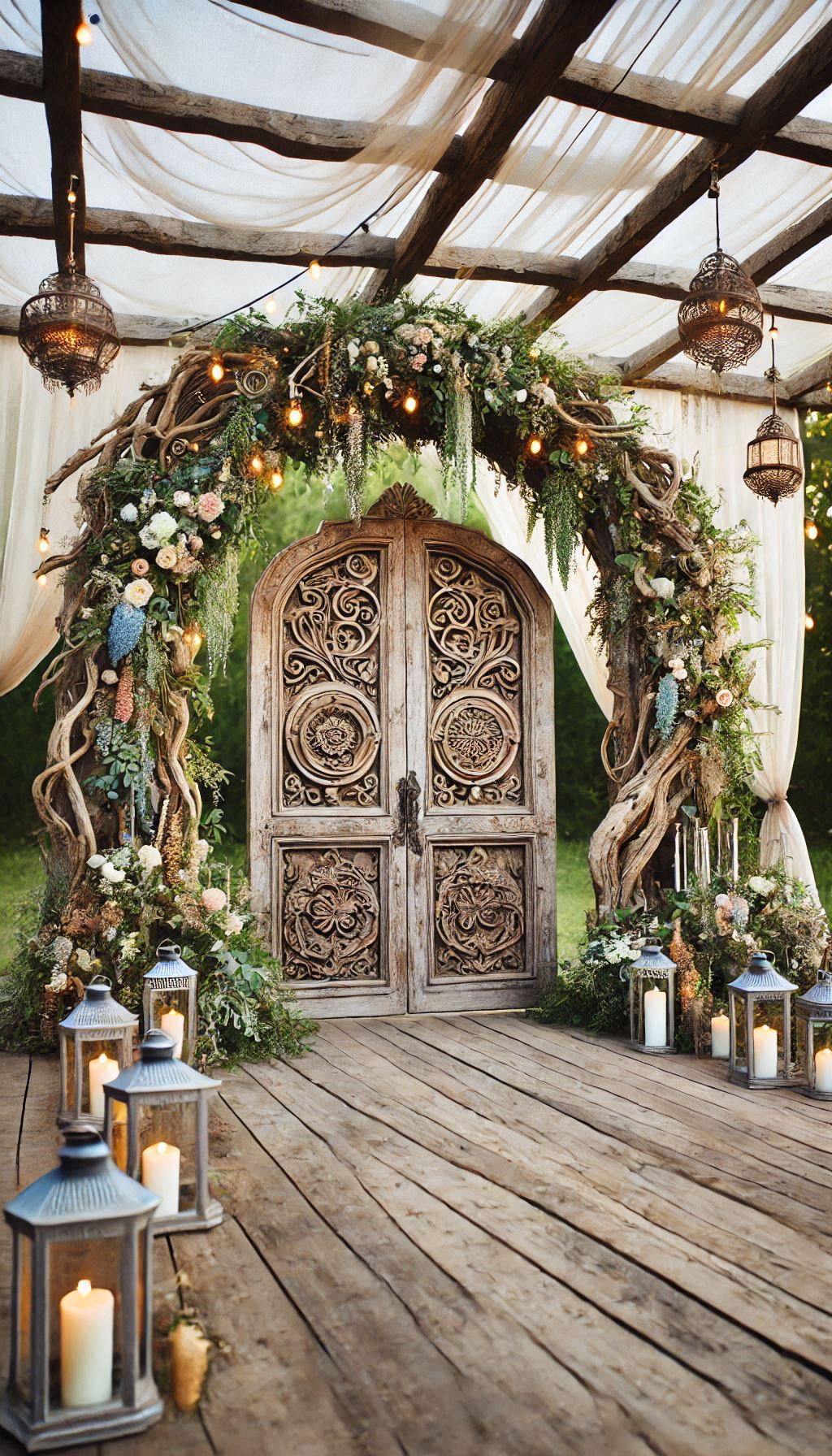 Let antique doors frame your 'I dos' for a rustic wedding with vintage charm. It’s the perfect blend of history and romance.