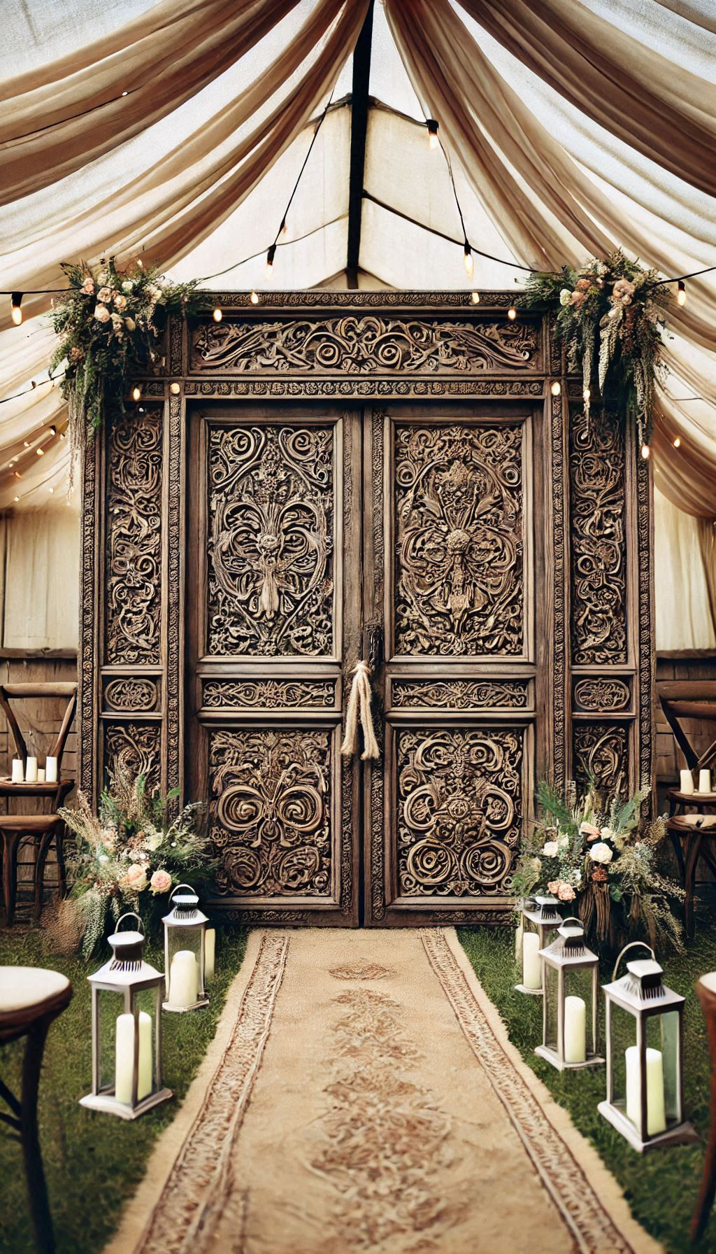Antique doors bring a touch of rustic charm to your ceremony backdrop. An elegant and unique choice for your wedding day. Rustic Wedding Decor