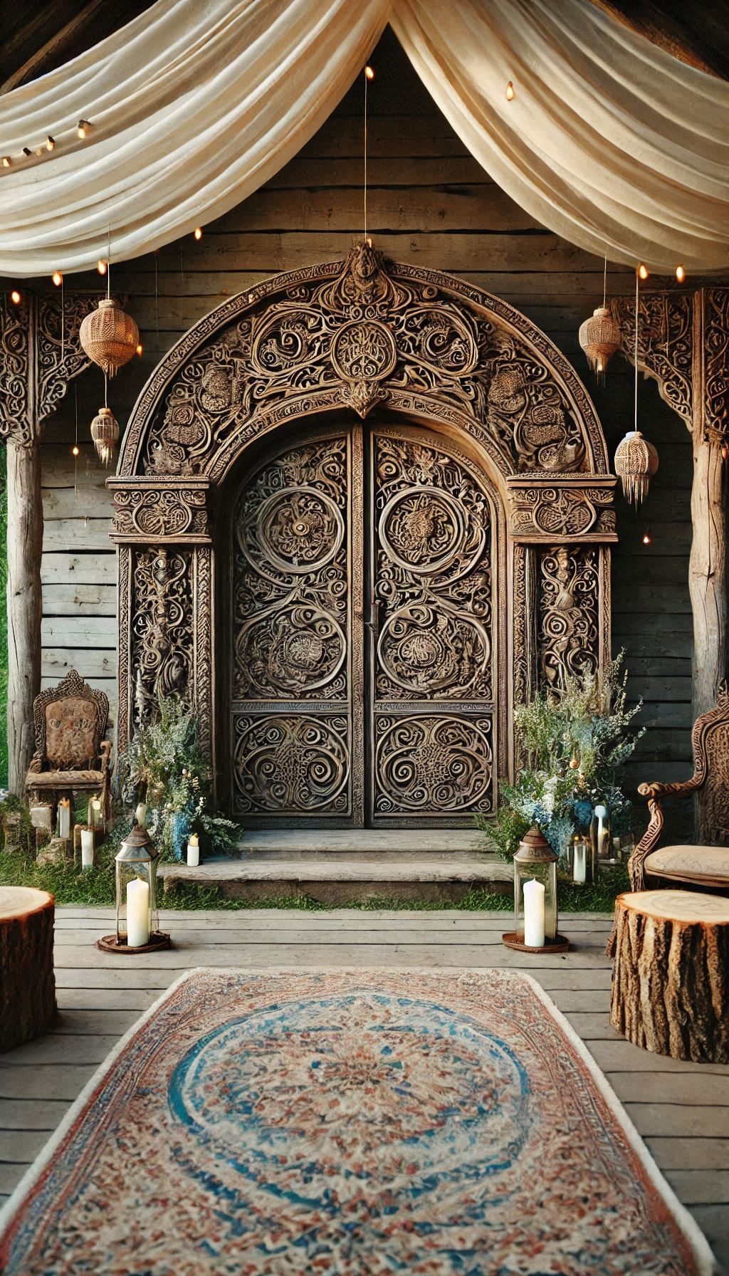 Antique doors as a ceremony backdrop create a stunning rustic wedding scene. Timeless, elegant, and oh-so-charming!