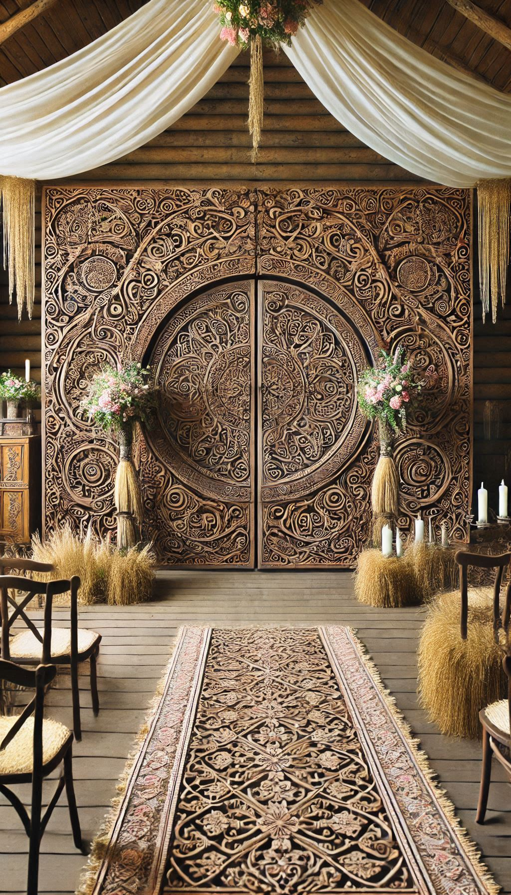 Elevate your rustic wedding decor with antique doors as a ceremony backdrop. A charming touch that guests will adore.