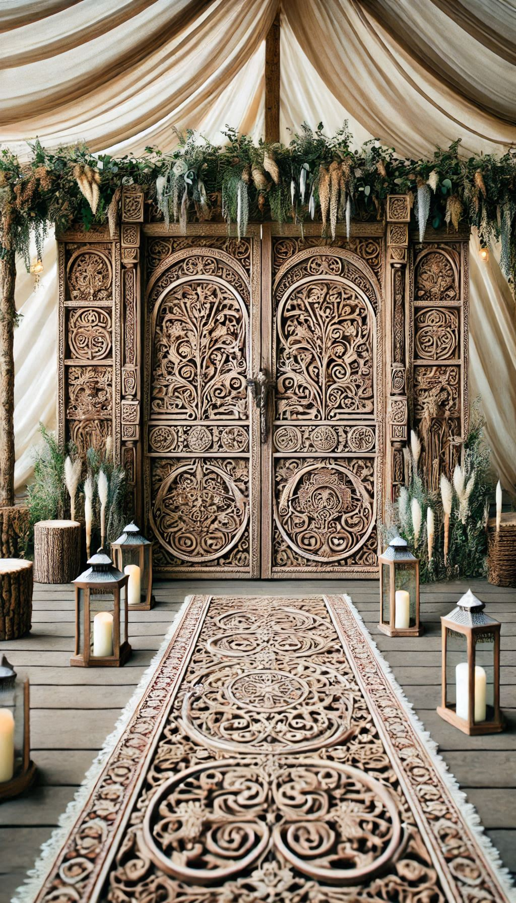 Rustic Wedding Decor: Create a captivating ceremony setting with antique doors. Rustic elegance and vintage vibes come together beautifully