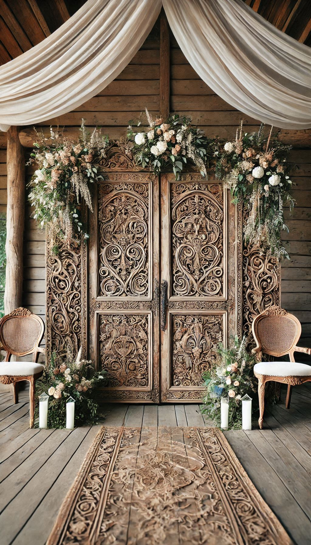 Add a vintage twist to your wedding with antique doors as your ceremony backdrop. Rustic, romantic, and absolutely stunning!